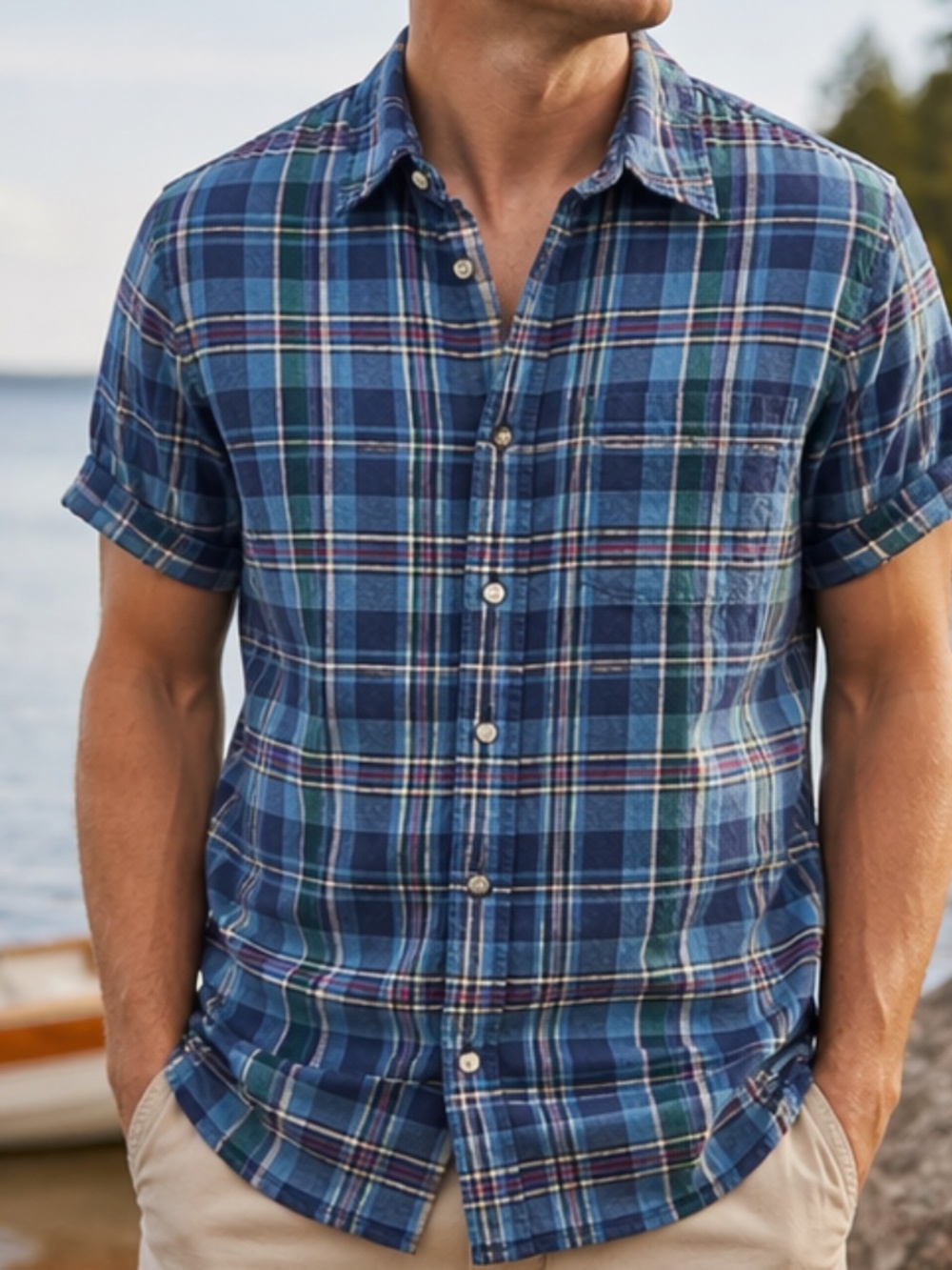 L.L.Bean 100% Linen Plaid Shirt Men's Large Blue Short Sleeve Button Up